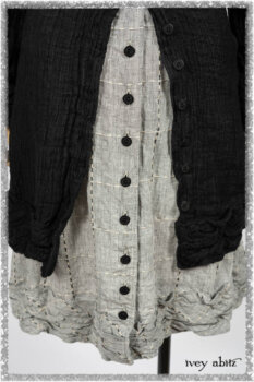 Mewland Jacket in Black Washed Crinkled Linen; Clotaire Sash in Red Sky at Night Yarn Dyed Weave; Mewland Vest in Beacon Black Hemstitch Stripe Gauze. Ivey Abitz bespoke clothing.