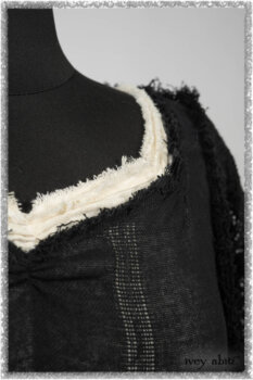 Ardsley Duster Coat in Beacon Black Lace Netted Knit; Clotaire Sash in Ethereal Cream and Black Fleur Stretch Cotton; Ardsley Frock in Beacon Black Hemstitch Stripe Gauze; Ardsleydale Frock in Ethereal Cream Embroidered Crushed Plaid. Ivey Abitz bespoke clothing.