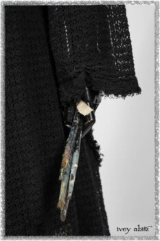 Ardsley Duster Coat in Beacon Black Lace Netted Knit; Clotaire Sash in Ethereal Cream and Black Fleur Stretch Cotton; Ardsley Frock in Beacon Black Hemstitch Stripe Gauze; Ardsleydale Frock in Ethereal Cream Embroidered Crushed Plaid. Ivey Abitz bespoke clothing.