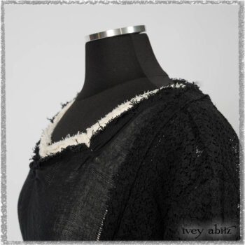 Ardsley Duster Coat in Beacon Black Lace Netted Knit; Clotaire Sash in Ethereal Cream and Black Fleur Stretch Cotton; Ardsley Frock in Beacon Black Hemstitch Stripe Gauze; Ardsleydale Frock in Ethereal Cream Embroidered Crushed Plaid. Ivey Abitz bespoke clothing.