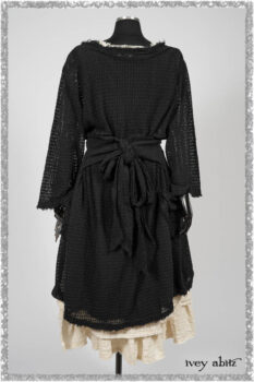 Ardsley Duster Coat in Beacon Black Lace Netted Knit; Clotaire Sash in Ethereal Cream and Black Fleur Stretch Cotton; Ardsley Frock in Beacon Black Hemstitch Stripe Gauze; Ardsleydale Frock in Ethereal Cream Embroidered Crushed Plaid. Ivey Abitz bespoke clothing.