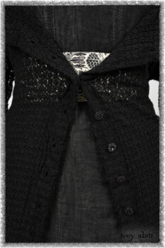 Ardsley Duster Coat in Beacon Black Lace Netted Knit; Clotaire Sash in Ethereal Cream and Black Fleur Stretch Cotton; Ardsley Frock in Beacon Black Hemstitch Stripe Gauze; Ardsleydale Frock in Ethereal Cream Embroidered Crushed Plaid. Ivey Abitz bespoke clothing.
