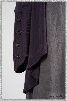 Henrietta Duster Coat in Plum Tree Softest Ribbed Knit; Blanchefler Sash in Ethereal Floral Cotton Voile; Viv Frock in Anchor Grey and Plum Washed Check. Ivey Abitz bespoke clothing.