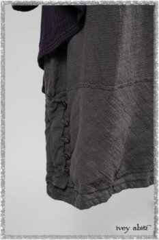 Henrietta Duster Coat in Plum Tree Softest Ribbed Knit; Blanchefler Sash in Ethereal Floral Cotton Voile; Viv Frock in Anchor Grey and Plum Washed Check. Ivey Abitz bespoke clothing.