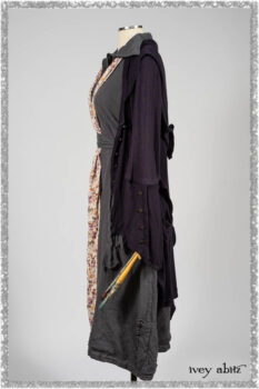 Henrietta Duster Coat in Plum Tree Softest Ribbed Knit; Blanchefler Sash in Ethereal Floral Cotton Voile; Viv Frock in Anchor Grey and Plum Washed Check. Ivey Abitz bespoke clothing.