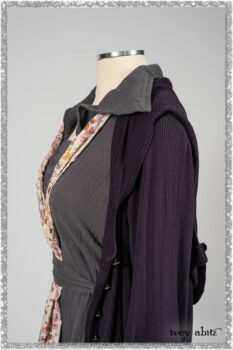 Henrietta Duster Coat in Plum Tree Softest Ribbed Knit; Blanchefler Sash in Ethereal Floral Cotton Voile; Viv Frock in Anchor Grey and Plum Washed Check. Ivey Abitz bespoke clothing.