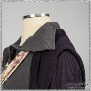 Henrietta Duster Coat in Plum Tree Softest Ribbed Knit; Blanchefler Sash in Ethereal Floral Cotton Voile; Viv Frock in Anchor Grey and Plum Washed Check. Ivey Abitz bespoke clothing.