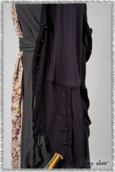 Henrietta Duster Coat in Plum Tree Softest Ribbed Knit; Blanchefler Sash in Ethereal Floral Cotton Voile; Viv Frock in Anchor Grey and Plum Washed Check. Ivey Abitz bespoke clothing.