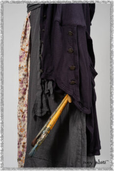 Henrietta Duster Coat in Plum Tree Softest Ribbed Knit; Blanchefler Sash in Ethereal Floral Cotton Voile; Viv Frock in Anchor Grey and Plum Washed Check. Ivey Abitz bespoke clothing.