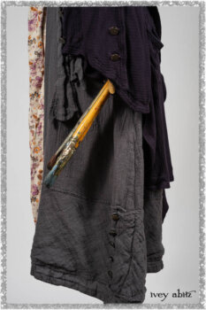 Henrietta Duster Coat in Plum Tree Softest Ribbed Knit; Blanchefler Sash in Ethereal Floral Cotton Voile; Viv Frock in Anchor Grey and Plum Washed Check. Ivey Abitz bespoke clothing.
