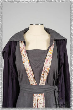 Henrietta Duster Coat in Plum Tree Softest Ribbed Knit; Blanchefler Sash in Ethereal Floral Cotton Voile; Viv Frock in Anchor Grey and Plum Washed Check. Ivey Abitz bespoke clothing.