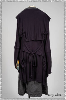 Henrietta Duster Coat in Plum Tree Softest Ribbed Knit; Blanchefler Sash in Ethereal Floral Cotton Voile; Viv Frock in Anchor Grey and Plum Washed Check. Ivey Abitz bespoke clothing.