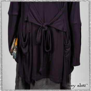 Henrietta Duster Coat in Plum Tree Softest Ribbed Knit; Blanchefler Sash in Ethereal Floral Cotton Voile; Viv Frock in Anchor Grey and Plum Washed Check. Ivey Abitz bespoke clothing.