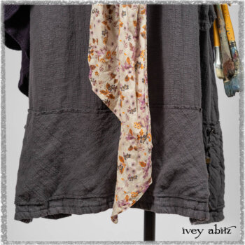 Henrietta Duster Coat in Plum Tree Softest Ribbed Knit; Blanchefler Sash in Ethereal Floral Cotton Voile; Viv Frock in Anchor Grey and Plum Washed Check. Ivey Abitz bespoke clothing.