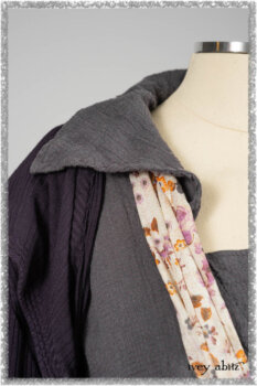 Henrietta Duster Coat in Plum Tree Softest Ribbed Knit; Blanchefler Sash in Ethereal Floral Cotton Voile; Viv Frock in Anchor Grey and Plum Washed Check. Ivey Abitz bespoke clothing.