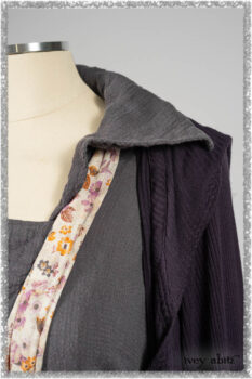 Henrietta Duster Coat in Plum Tree Softest Ribbed Knit; Blanchefler Sash in Ethereal Floral Cotton Voile; Viv Frock in Anchor Grey and Plum Washed Check. Ivey Abitz bespoke clothing.