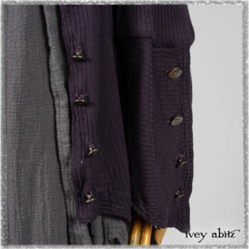 Henrietta Duster Coat in Plum Tree Softest Ribbed Knit; Blanchefler Sash in Ethereal Floral Cotton Voile; Viv Frock in Anchor Grey and Plum Washed Check. Ivey Abitz bespoke clothing.