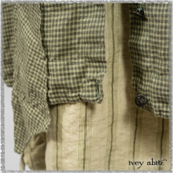 Vanetten Duster Coat in Seagrass Petite Check Linen; Vanetten Frock in Seagrass Washed Stripe Linen; Cilla Slip Frock in Seagrass Melange Knit. Ivey Abitz bespoke clothing.