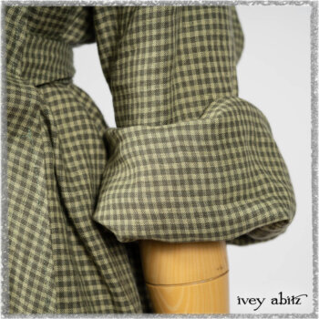 Vanetten Duster Coat in Seagrass Petite Check Linen; Vanetten Frock in Seagrass Washed Stripe Linen; Cilla Slip Frock in Seagrass Melange Knit. Ivey Abitz bespoke clothing.