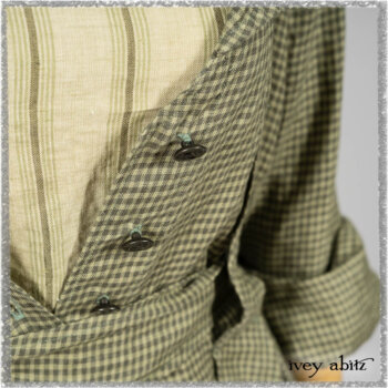 Vanetten Duster Coat in Seagrass Petite Check Linen; Vanetten Frock in Seagrass Washed Stripe Linen; Cilla Slip Frock in Seagrass Melange Knit. Ivey Abitz bespoke clothing.