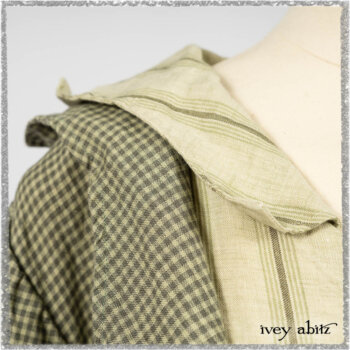 Vanetten Duster Coat in Seagrass Petite Check Linen; Vanetten Frock in Seagrass Washed Stripe Linen; Cilla Slip Frock in Seagrass Melange Knit. Ivey Abitz bespoke clothing.