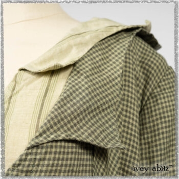 Vanetten Duster Coat in Seagrass Petite Check Linen; Vanetten Frock in Seagrass Washed Stripe Linen; Cilla Slip Frock in Seagrass Melange Knit. Ivey Abitz bespoke clothing.