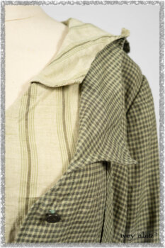 Vanetten Duster Coat in Seagrass Petite Check Linen; Vanetten Frock in Seagrass Washed Stripe Linen; Cilla Slip Frock in Seagrass Melange Knit. Ivey Abitz bespoke clothing.