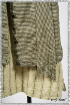Vanetten Duster Coat in Seagrass Petite Check Linen; Vanetten Frock in Seagrass Washed Stripe Linen; Cilla Slip Frock in Seagrass Melange Knit. Ivey Abitz bespoke clothing.