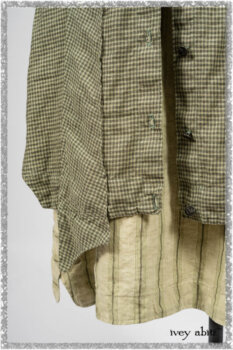 Vanetten Duster Coat in Seagrass Petite Check Linen; Vanetten Frock in Seagrass Washed Stripe Linen; Cilla Slip Frock in Seagrass Melange Knit. Ivey Abitz bespoke clothing.