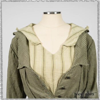 Vanetten Duster Coat in Seagrass Petite Check Linen; Vanetten Frock in Seagrass Washed Stripe Linen; Cilla Slip Frock in Seagrass Melange Knit. Ivey Abitz bespoke clothing.
