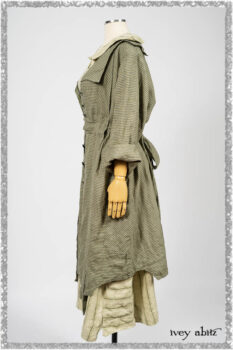 Vanetten Duster Coat in Seagrass Petite Check Linen; Vanetten Frock in Seagrass Washed Stripe Linen; Cilla Slip Frock in Seagrass Melange Knit. Ivey Abitz bespoke clothing.
