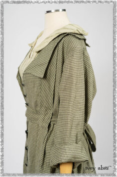 Vanetten Duster Coat in Seagrass Petite Check Linen; Vanetten Frock in Seagrass Washed Stripe Linen; Cilla Slip Frock in Seagrass Melange Knit. Ivey Abitz bespoke clothing.