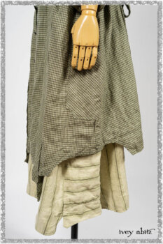 Vanetten Duster Coat in Seagrass Petite Check Linen; Vanetten Frock in Seagrass Washed Stripe Linen; Cilla Slip Frock in Seagrass Melange Knit. Ivey Abitz bespoke clothing.
