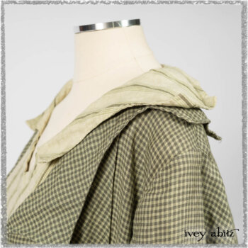 Vanetten Duster Coat in Seagrass Petite Check Linen; Vanetten Frock in Seagrass Washed Stripe Linen; Cilla Slip Frock in Seagrass Melange Knit. Ivey Abitz bespoke clothing.