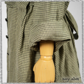 Vanetten Duster Coat in Seagrass Petite Check Linen; Vanetten Frock in Seagrass Washed Stripe Linen; Cilla Slip Frock in Seagrass Melange Knit. Ivey Abitz bespoke clothing.
