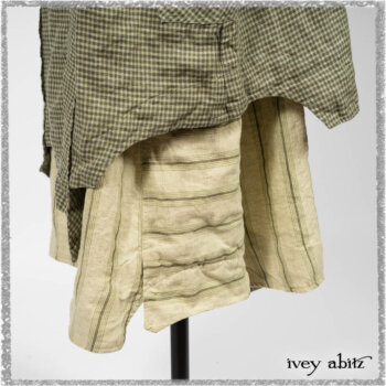Vanetten Duster Coat in Seagrass Petite Check Linen; Vanetten Frock in Seagrass Washed Stripe Linen; Cilla Slip Frock in Seagrass Melange Knit. Ivey Abitz bespoke clothing.