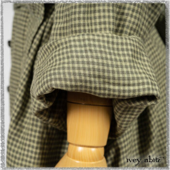 Vanetten Duster Coat in Seagrass Petite Check Linen; Vanetten Frock in Seagrass Washed Stripe Linen; Cilla Slip Frock in Seagrass Melange Knit. Ivey Abitz bespoke clothing.
