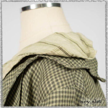 Vanetten Duster Coat in Seagrass Petite Check Linen; Vanetten Frock in Seagrass Washed Stripe Linen; Cilla Slip Frock in Seagrass Melange Knit. Ivey Abitz bespoke clothing.