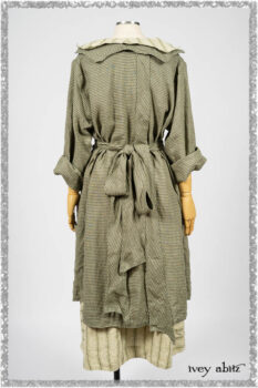 Vanetten Duster Coat in Seagrass Petite Check Linen; Vanetten Frock in Seagrass Washed Stripe Linen; Cilla Slip Frock in Seagrass Melange Knit. Ivey Abitz bespoke clothing.