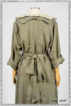 Vanetten Duster Coat in Seagrass Petite Check Linen; Vanetten Frock in Seagrass Washed Stripe Linen; Cilla Slip Frock in Seagrass Melange Knit. Ivey Abitz bespoke clothing.