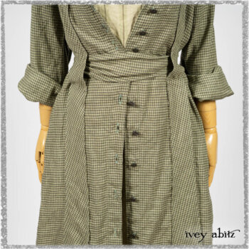 Vanetten Duster Coat in Seagrass Petite Check Linen; Vanetten Frock in Seagrass Washed Stripe Linen; Cilla Slip Frock in Seagrass Melange Knit. Ivey Abitz bespoke clothing.