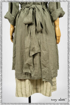 Vanetten Duster Coat in Seagrass Petite Check Linen; Vanetten Frock in Seagrass Washed Stripe Linen; Cilla Slip Frock in Seagrass Melange Knit. Ivey Abitz bespoke clothing.