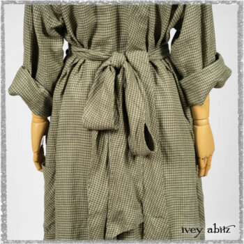 Vanetten Duster Coat in Seagrass Petite Check Linen; Vanetten Frock in Seagrass Washed Stripe Linen; Cilla Slip Frock in Seagrass Melange Knit. Ivey Abitz bespoke clothing.