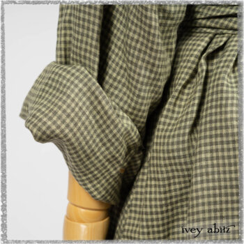 Vanetten Duster Coat in Seagrass Petite Check Linen; Vanetten Frock in Seagrass Washed Stripe Linen; Cilla Slip Frock in Seagrass Melange Knit. Ivey Abitz bespoke clothing.