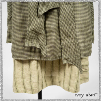 Vanetten Duster Coat in Seagrass Petite Check Linen; Vanetten Frock in Seagrass Washed Stripe Linen; Cilla Slip Frock in Seagrass Melange Knit. Ivey Abitz bespoke clothing.