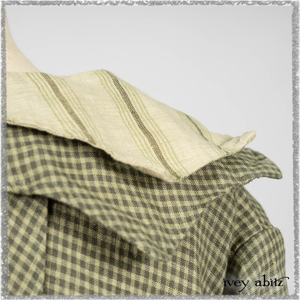 Vanetten Duster Coat in Seagrass Petite Check Linen; Vanetten Frock in Seagrass Washed Stripe Linen; Cilla Slip Frock in Seagrass Melange Knit. Ivey Abitz bespoke clothing.