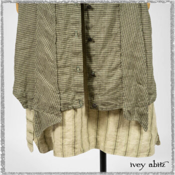 Vanetten Duster Coat in Seagrass Petite Check Linen; Vanetten Frock in Seagrass Washed Stripe Linen; Cilla Slip Frock in Seagrass Melange Knit. Ivey Abitz bespoke clothing.