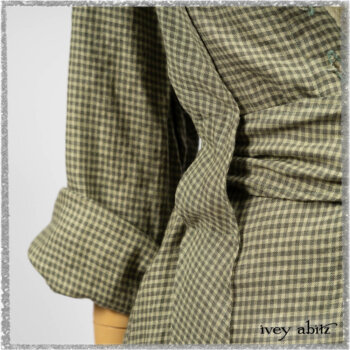 Vanetten Duster Coat in Seagrass Petite Check Linen; Vanetten Frock in Seagrass Washed Stripe Linen; Cilla Slip Frock in Seagrass Melange Knit. Ivey Abitz bespoke clothing.