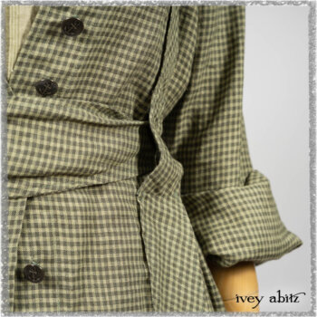 Vanetten Duster Coat in Seagrass Petite Check Linen; Vanetten Frock in Seagrass Washed Stripe Linen; Cilla Slip Frock in Seagrass Melange Knit. Ivey Abitz bespoke clothing.