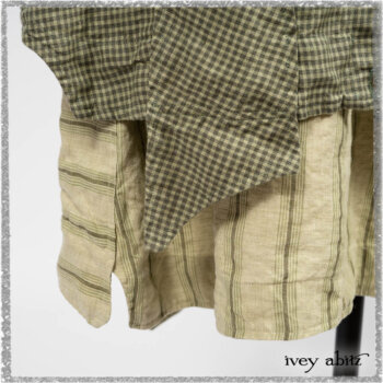 Vanetten Duster Coat in Seagrass Petite Check Linen; Vanetten Frock in Seagrass Washed Stripe Linen; Cilla Slip Frock in Seagrass Melange Knit. Ivey Abitz bespoke clothing.